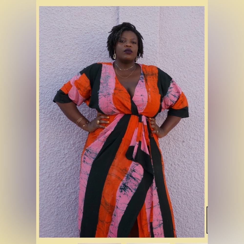 NEW Osei Duro Letsa Rayon Wrap Dress Carmine Red Black Pink Multi Color Size L - Picture 3 of 10